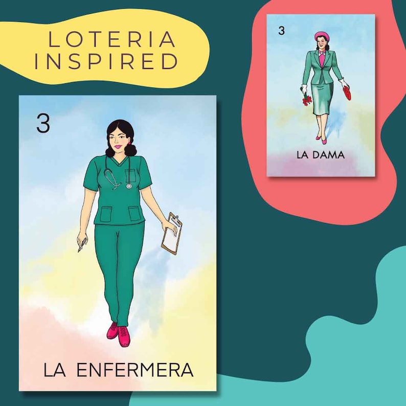 May include: A Loteria-inspired card with a watercolor background. The card features a woman wearing a green medical uniform and holding a clipboard. The number 3 is in the top left corner and the text "LA ENFERMERA" is at the bottom.