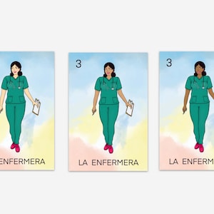 May include: Three cards with a watercolor background featuring a cartoon illustration of a nurse in a green uniform and pink shoes. The cards are labeled "3 LA ENFERMERA".