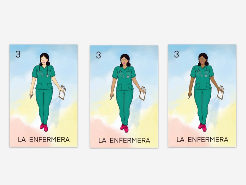 May include: Three cards with a watercolor background featuring a cartoon illustration of a nurse in a green uniform and pink shoes. The cards are labeled "3 LA ENFERMERA".