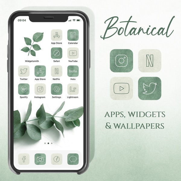 Icônes d’application botaniques, icônes iPhone vert esthétique, icône d’application iOS 14 Boho, pack d’icônes vertes, icône iOS minimaliste, écran d’accueil vert iPhone