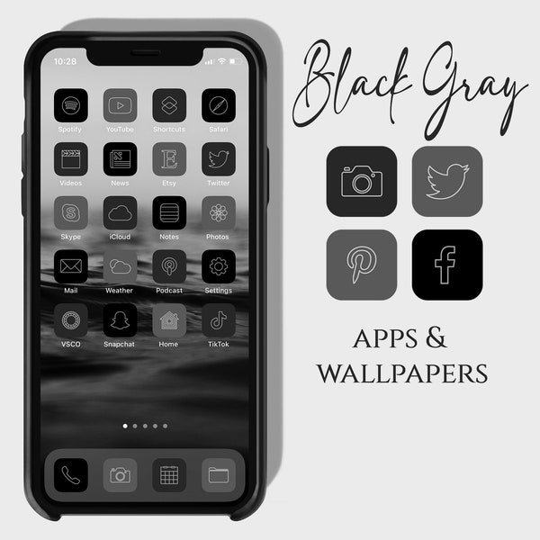 Dark App Icons, Aesthetic iPhone App Icons, Gray Black White Themes, iOS Icon Pack Black, App Icon Bundle