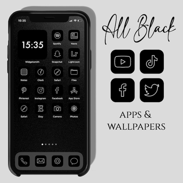 Black Icons, Dark Aesthetic App Icons, Dark Minimal App Covers, iOS Homescreen Icons, Monochrome Icons, App Icon Black