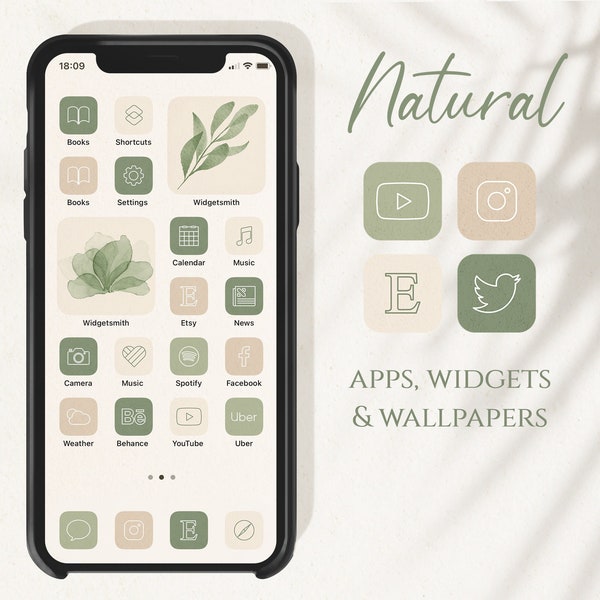 Natural App Icons, Boho Aesthetic App Icons, Minimal Icon iOS 14, Green Beige iOS Icons, Aesthetic iPhone iOS14 App Icons, iPhone Minimalist
