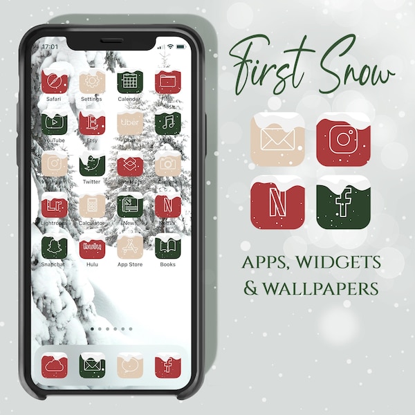 First Snow Christmas App Icons, iOS Icons Xmas, Green Red Aesthetic App Icons, Winter Widgets, Xmas Homescreen