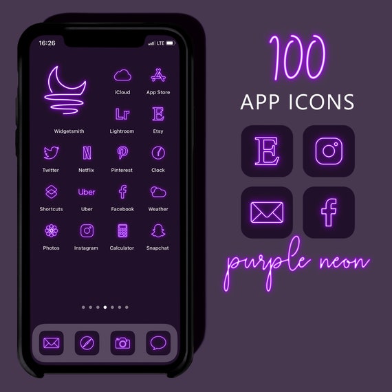 100 Purple Neon App Icons Neon Aesthetic Ios 14 Icons Iphone Etsy