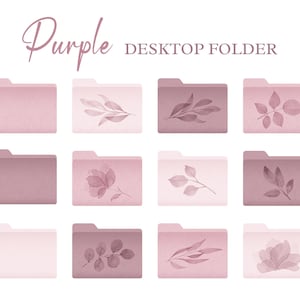 May include: Twelve purple desktop folder icons with different watercolour floral designs. The text "Purple Desktop Folder" is at the top of the image.