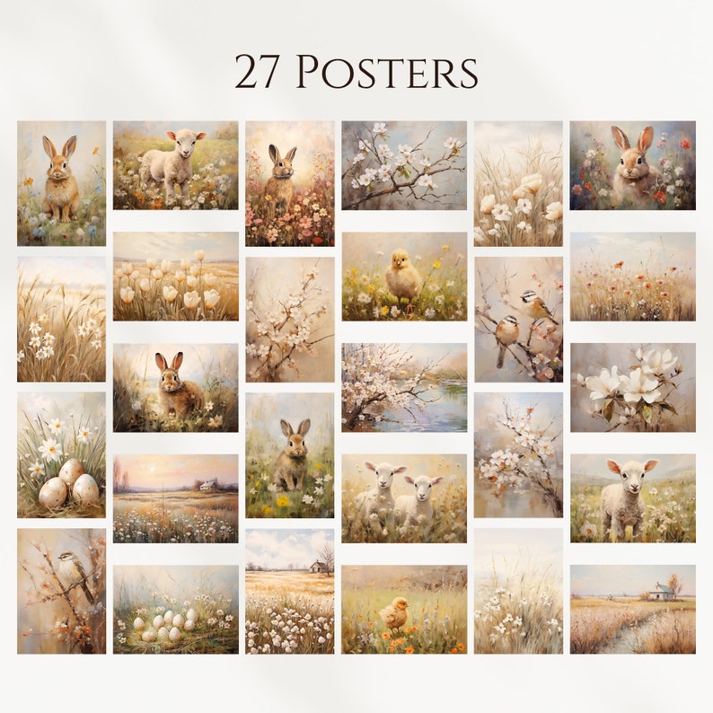 May include: A collection of 27 posters featuring spring-themed imagery, including bunnies, lambs, chicks, flowers, and blooming trees. The posters are arranged in a grid pattern and have a soft, pastel color palette.