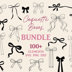 May include: A collection of black bow illustrations in various styles, including tied and flowing designs. The text "Coquette Bows Bundle" is displayed in a cursive font, with the words "Bundle" and "100+ Elements" in a pink color.