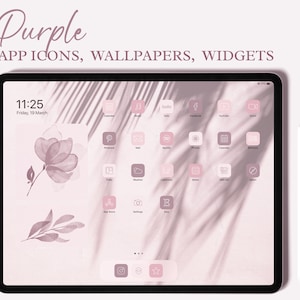 May include: A pink and white iPad with a floral wallpaper and custom app icons. The icons are in a light pink color with white outlines. The text "Purple" is at the top of the screen, and the text "APP ICONS, WALLPAPERS, WIDGETS" is below it. The time is 11:25 and the date is Friday, 19 March.