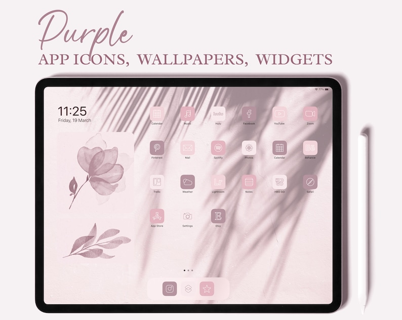 May include: A pink and white iPad with a floral wallpaper and custom app icons. The icons are in a light pink color with white outlines. The text "Purple" is at the top of the screen, and the text "APP ICONS, WALLPAPERS, WIDGETS" is below it. The time is 11:25 and the date is Friday, 19 March.