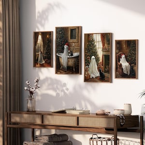 May include: Four framed paintings depicting ghosts in a Christmas setting. Each painting features a ghost in a different pose, with one in a bathtub, one standing by a Christmas tree, one sitting in a chair, and one standing in a doorway. Each painting has a dark, vintage aesthetic.