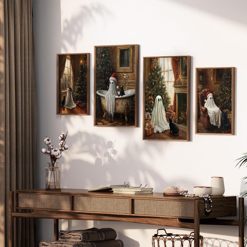 May include: Four framed paintings depicting ghosts in a Christmas setting. Each painting features a ghost in a different pose, with one in a bathtub, one standing by a Christmas tree, one sitting in a chair, and one standing in a doorway. Each painting has a dark, vintage aesthetic.