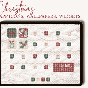 May include: A white knitted background with a red and green plaid design. The background is on a tablet screen with a variety of app icons in red, green, and white. The icons are arranged in a grid pattern. The text "Holly Jolly 9:42:45" is displayed in a red and green plaid box.