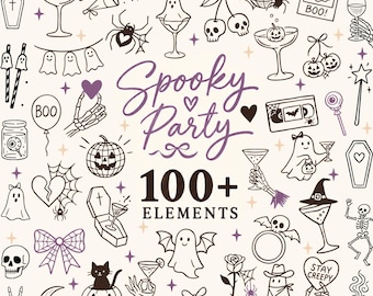 May include: A collection of black and purple line art illustrations featuring ghosts, skeletons, pumpkins, bats, and cocktails with the text Spooky Party 100+ ELEMENTS and STAY CREEPY. The graphic set includes various Halloween-themed icons.