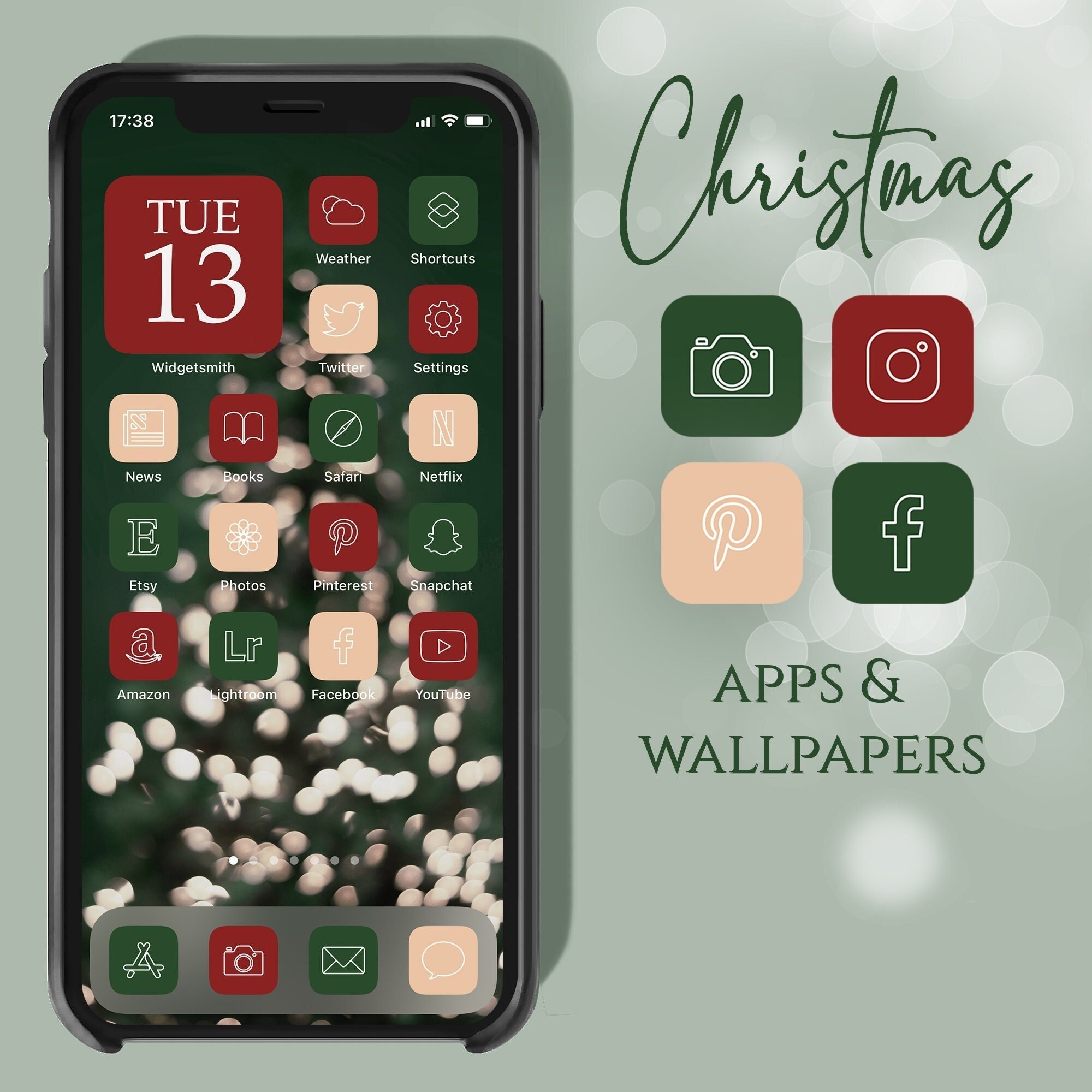 Christmas App Icons, Icons Xmas, Winter Green Red Aesthetic App Icons…