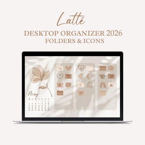 Desktopachtergrondorganizer met kalender, Mac- en Windows-organizer, Mac- en Windows-bureaubladmappictogrammen, natuurlijke minimalistische achtergrond