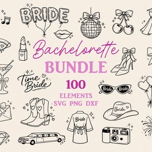 Bachelorette Party SVG Icons Bundle, Whimsical Wedding Icons PNG, Hand Drawn Girls Night Illustrations, Bride Tribe SVG Clipart, Cowgirl
