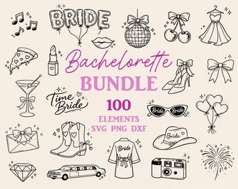 Paquete de iconos SVG de despedida de soltera, iconos PNG de boda extravagantes, ilustraciones de noche de chicas dibujadas a mano, clipart SVG de tribu de novias, vaquera