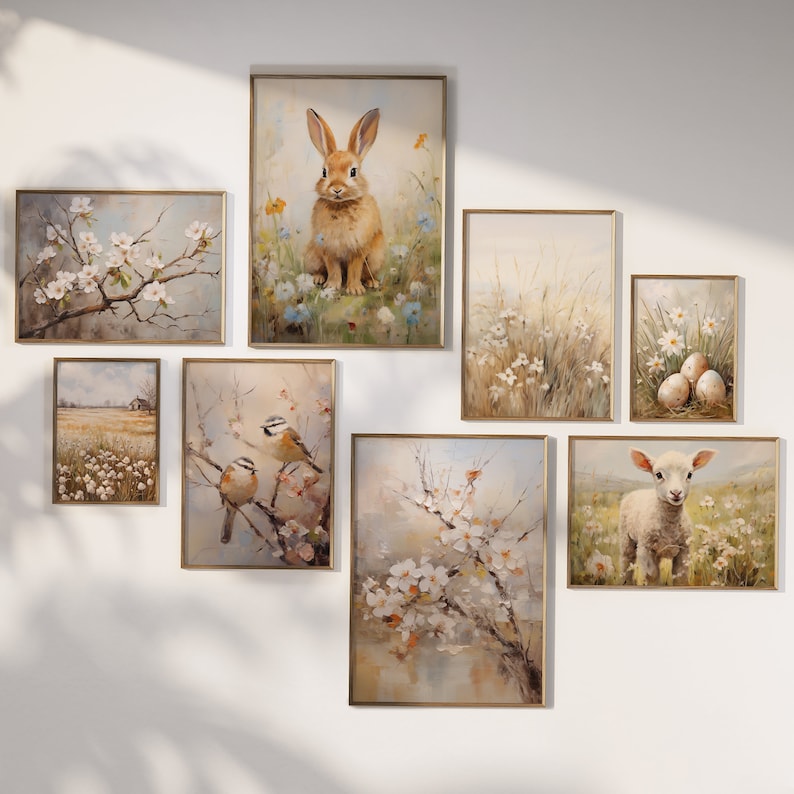 May include: A set of nine framed prints featuring nature scenes. The prints include a rabbit, birds, flowers, and a lamb. The prints are all in a similar style, with a soft, muted color palette.