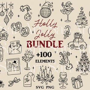 May include: A collection of hand-drawn Christmas-themed illustrations in black and white, including ornaments, cookies, Santa, and a car carrying gifts. Text reads "Holly Jolly Bundle +100 Elements".