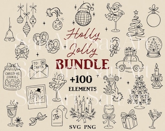 Hand Drawn Christmas Illustrations, Holiday Clipart Bundle, Christmas Icons for Invitations, Whimsical Style PNG, Christmas Dinner Menu SVG