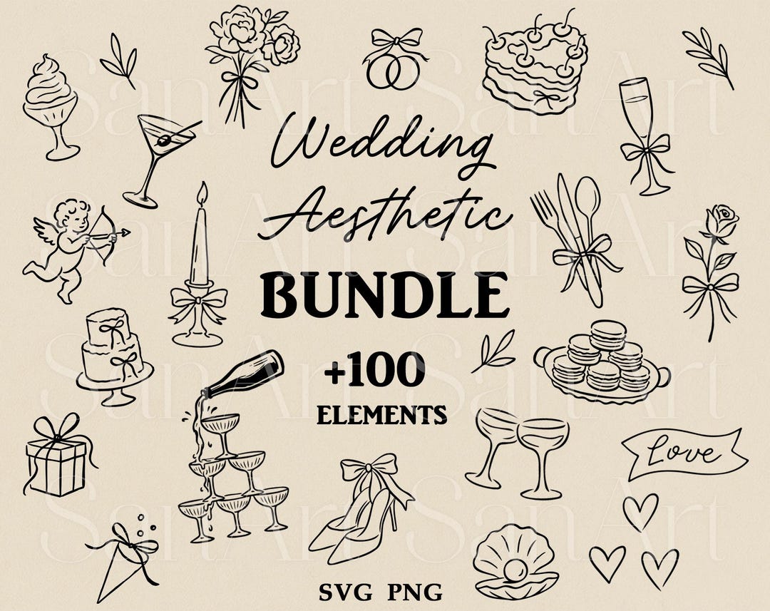 Hand Drawn Wedding Illustrations, Whimsical Wedding SVG Clipart Bundle ...