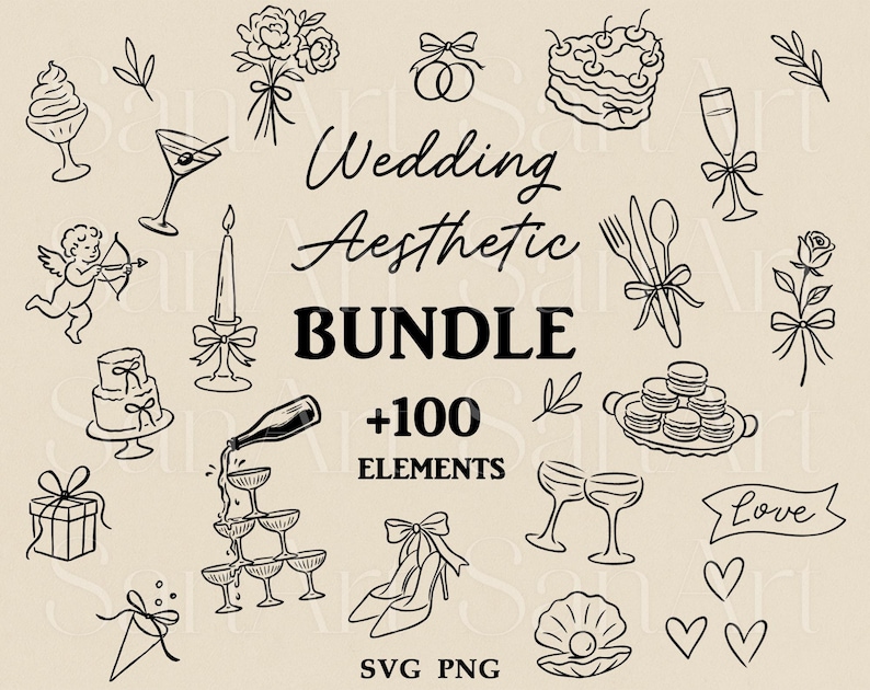Hand Drawn Wedding Illustrations, Whimsical Wedding SVG Clipart Bundle ...