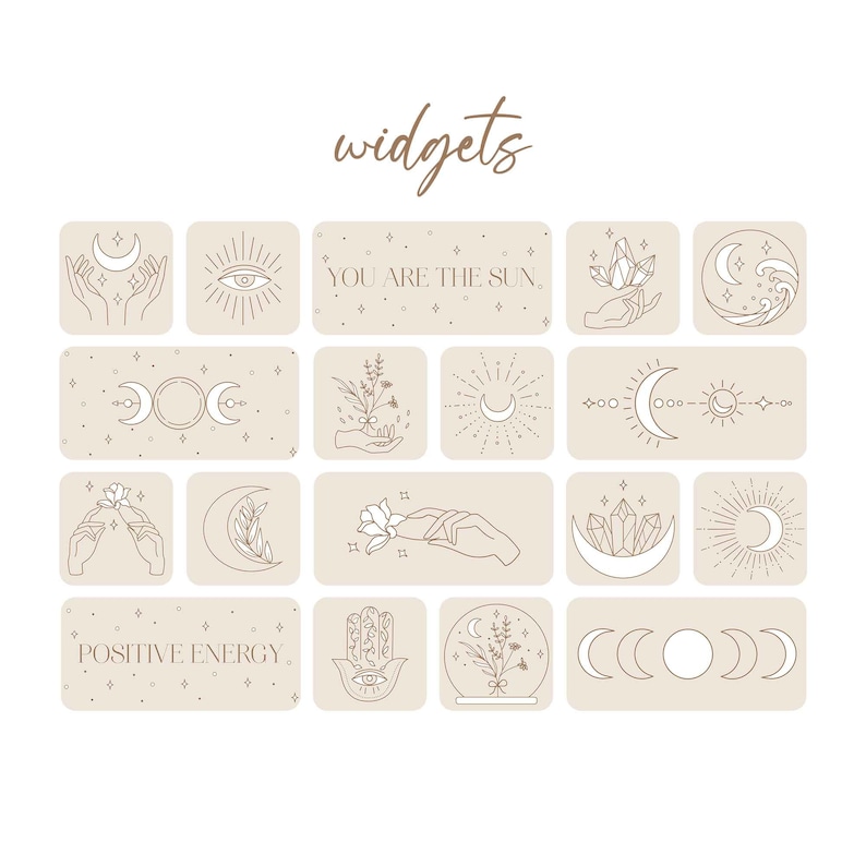 Pu&ograve; includere: Un set di 16 illustrazioni digitali che presentano vari simboli celestiali e spirituali, tra cui lune, stelle, mani, cristalli e la frase "Tu sei il sole." Le illustrazioni sono in stile minimalista con uno sfondo beige.