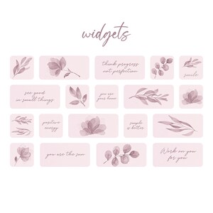 May include: A set of 12 digital planner stickers featuring watercolor illustrations of leaves and flowers in shades of pink and purple. The stickers include motivational quotes such as "see good in small things", "you are your home", "simple is better", and "work on you for you".