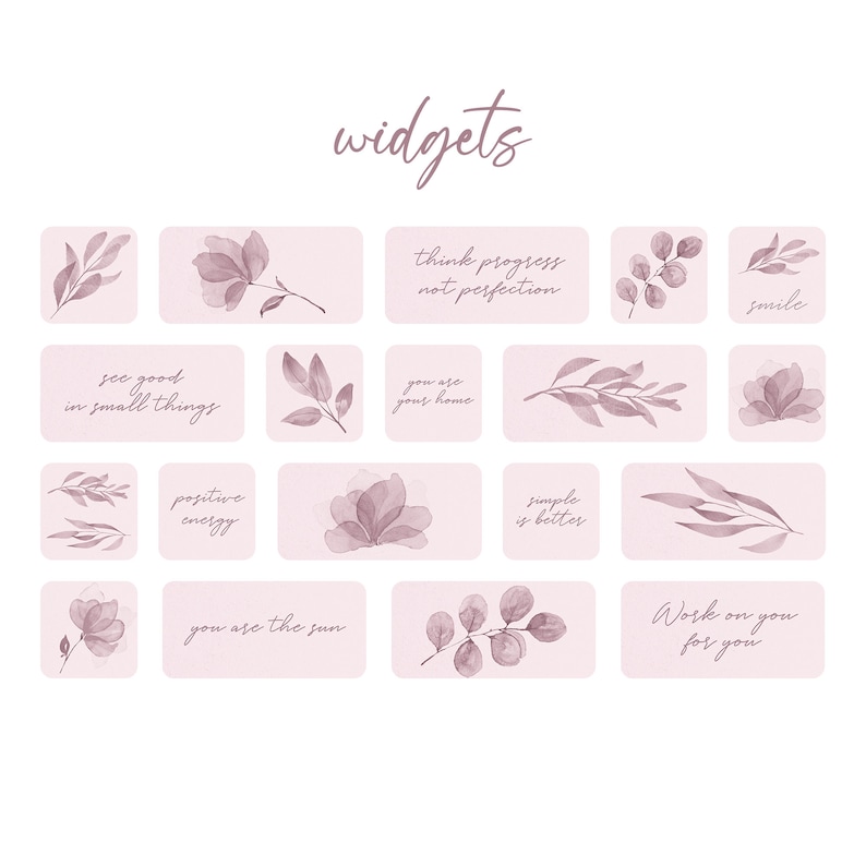 May include: A set of 12 digital planner stickers featuring watercolor illustrations of leaves and flowers in shades of pink and purple. The stickers include motivational quotes such as "see good in small things", "you are your home", "simple is better", and "work on you for you".