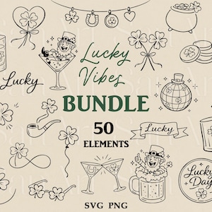 May include: A collection of 50 St. Patrick's Day themed elements in black and white. Includes shamrocks, leprechauns, pots of gold, and the words "Lucky Vibes Bundle" and "Lucky Day". SVG and PNG file formats.