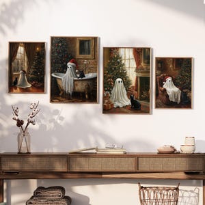 May include: Four framed paintings depicting ghosts in various holiday settings. The paintings are in a living room setting with a wooden table and a wicker chair.