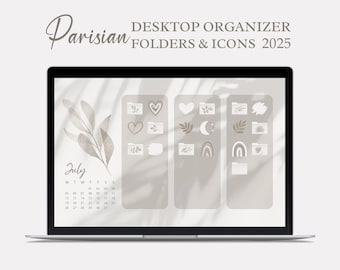 Desktop Wallpaper Organizer with Calendar, Mac Windows Organizer, Mac and Windows Desktop Folder Icons, Natural Minimal Wallpaper