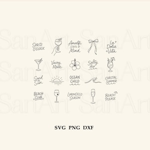 Summer Hand Drawn SVG Icons Bundle, Coastal Whimsical Clipart PNG, Doodles Pool Party Illustrations SVG, Beach Bachelorette Invitations image 3