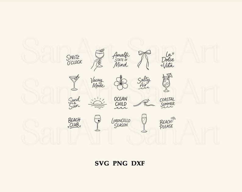 Summer Hand Drawn SVG Icons Bundle, Coastal Whimsical Clipart PNG, Doodles Pool Party Illustrations SVG, Beach Bachelorette Invitations image 3