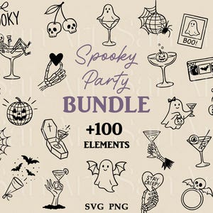May include: A collection of spooky Halloween-themed illustrations in black and white. Includes ghosts, skeletons, pumpkins, bats, spiderwebs, and martini glasses. Text reads "Spooky Party Bundle" and "+100 Elements".