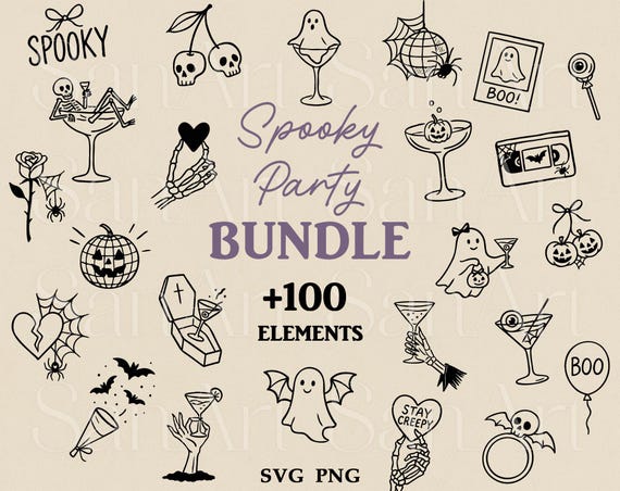 Hand Drawn Halloween Illustrations, Spooky Clipart Icons Bundle, Bachelorette SVG, Witchy Bachelorette Party Invite, Whimsical Doodles PNG