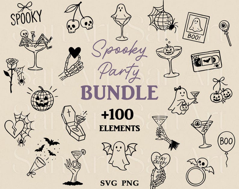 May include: A collection of spooky Halloween-themed illustrations in black and white. Includes ghosts, skeletons, pumpkins, bats, spiderwebs, and martini glasses. Text reads "Spooky Party Bundle" and "+100 Elements".
