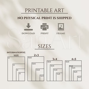 May include: Printable art sizes chart with international paper sizes A2, A3, A4, and A5. The chart shows different print sizes for 2x3, 3x4, and 4x5 aspect ratios.  The sizes are listed in inches.
