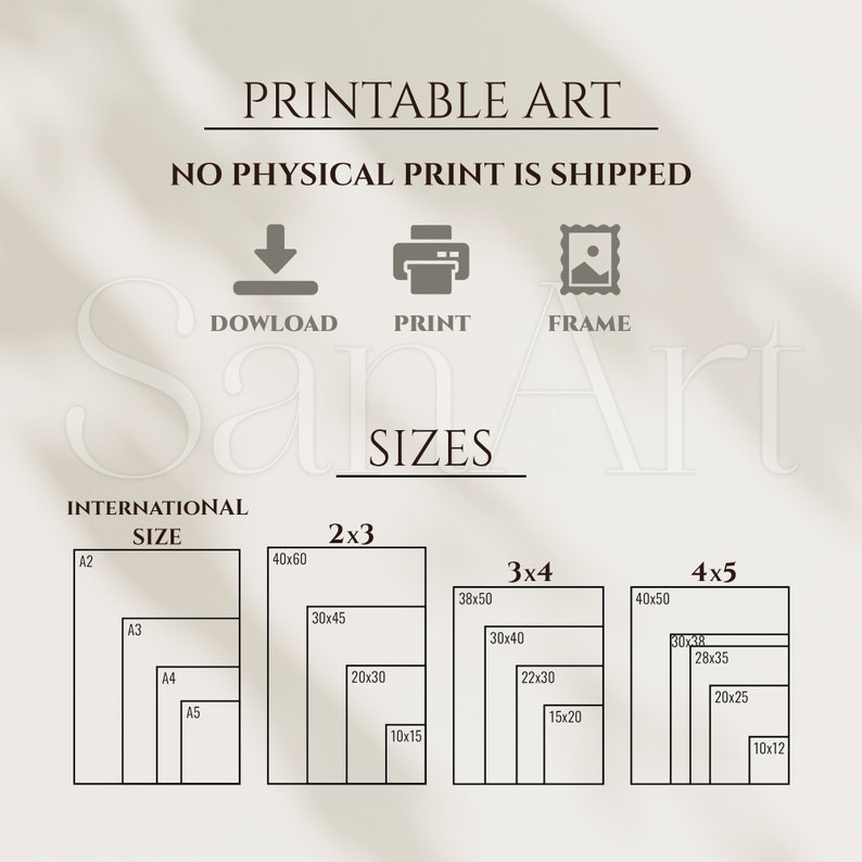 May include: Printable art sizes chart with international paper sizes A2, A3, A4, and A5. The chart shows different print sizes for 2x3, 3x4, and 4x5 aspect ratios.  The sizes are listed in inches.