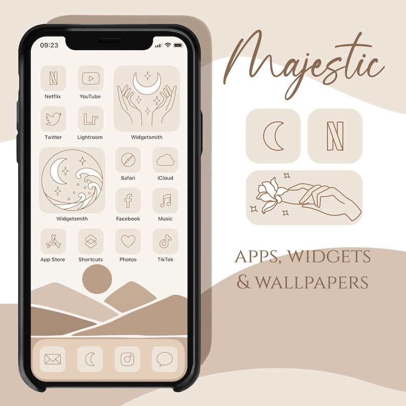 Pu&ograve; includere: Un mockup di schermo del telefono beige e marrone con un design di icona dell'app personalizzato. Le icone presentano disegni di linea minimalisti di una luna crescente, una mano che tiene un fiore e una lettera N. Il testo "Majestic" &egrave; scritto in corsivo nella parte superiore dello schermo. Il testo "APPS, WIDGETS & WALLPAPERS" &egrave; scritto in maiuscolo sotto le icone.