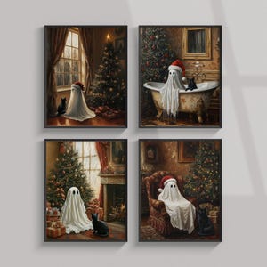 May include: Four framed illustrations of a ghost wearing a Santa hat in different Christmas settings. Each image features a ghost with a black cat. The ghost is in a bathtub, sitting in a chair, standing in a room, and standing in a room with a fireplace.