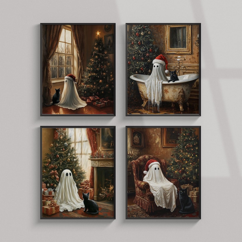 May include: Four framed illustrations of a ghost wearing a Santa hat in different Christmas settings. Each image features a ghost with a black cat. The ghost is in a bathtub, sitting in a chair, standing in a room, and standing in a room with a fireplace.