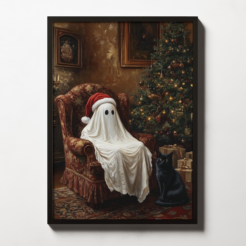 May include: A white ghost wearing a red Santa hat sits in a plush armchair in a dimly lit room. A black cat sits on the floor next to a Christmas tree decorated with ornaments and lights.
