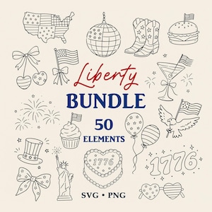 May include: A black and white line art illustration of 50 patriotic elements. Includes a map of the USA, a disco ball, cowboy boots, a hamburger, cherries, flags, fireworks, a cupcake, a top hat, a bow, the Statue of Liberty, a heart-shaped cake, balloons, an eagle, heart-shaped sunglasses, and the text "Liberty Bundle 50 Elements 1776 SVG PNG".