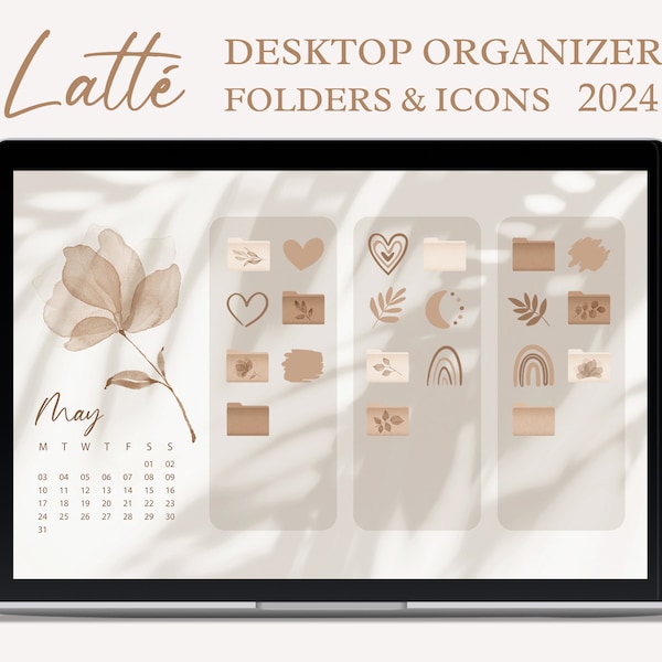 Desktop-Hintergrund 2024 Organizer mit Kalender, Mac Windows Organizer, Mac- und Windows-Desktop-Ordnersymbole, natürliches Minimal-Hintergrundbild