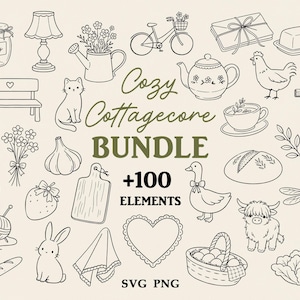 Gemütliches Cottagecore-SVG-Bundle mit handgezeichneten Motiven, verspielte Cliparts im Landhausstil, Illustrationen zum Thema Essen, ländliche Icons (PNG), Vintage-Kritzeleien (digital)