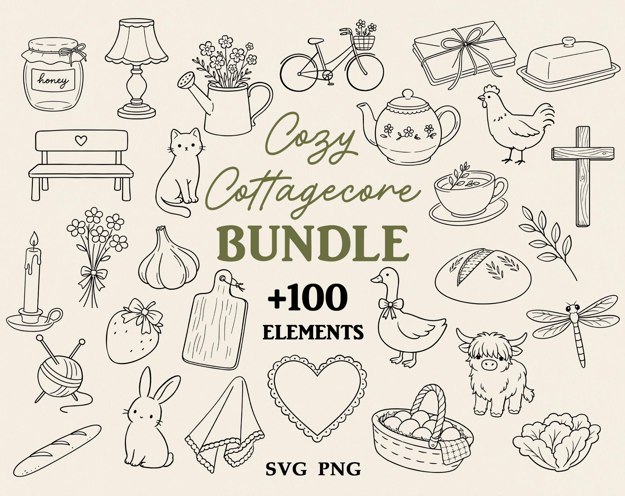 Cozy Cottagecore Hand Drawn SVG Bundle, Farmhouse Whimsical Clipart ...