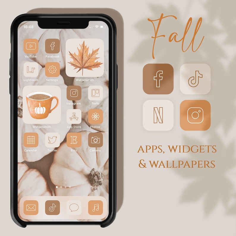 Pu&ograve; includere: Uno schermo di telefono con uno sfondo a tema autunnale e icone per app come Instagram, YouTube e Twitter. Il testo "Fall" &egrave; nella parte superiore dello schermo, e il testo "APPS, WIDGETS & WALLPAPERS" &egrave; nella parte inferiore.