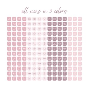 May include: A grid of 100 pink, light pink, and gray square icons with white outlines. The icons represent various social media platforms, apps, and letters of the alphabet. The text "all icons in 3 colors" is at the top of the grid.